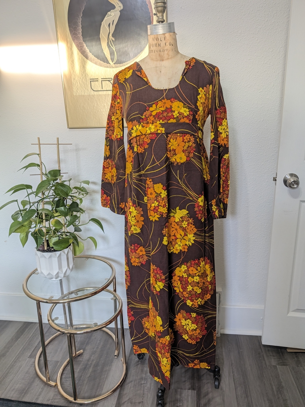 Vintage Brown Maxi Dress with Orange & Yellow Floral Print